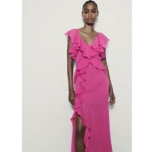 Zara Womens Fuchsia Pink Ruffled Chiffon Maxi Dress V-Neck Side Slit Size S NEW